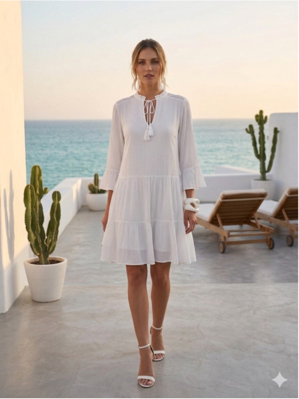 AMISU White Boho Tiered Mini Dress Lace Yoke Tassel Ruffle Cottagecore Resort L